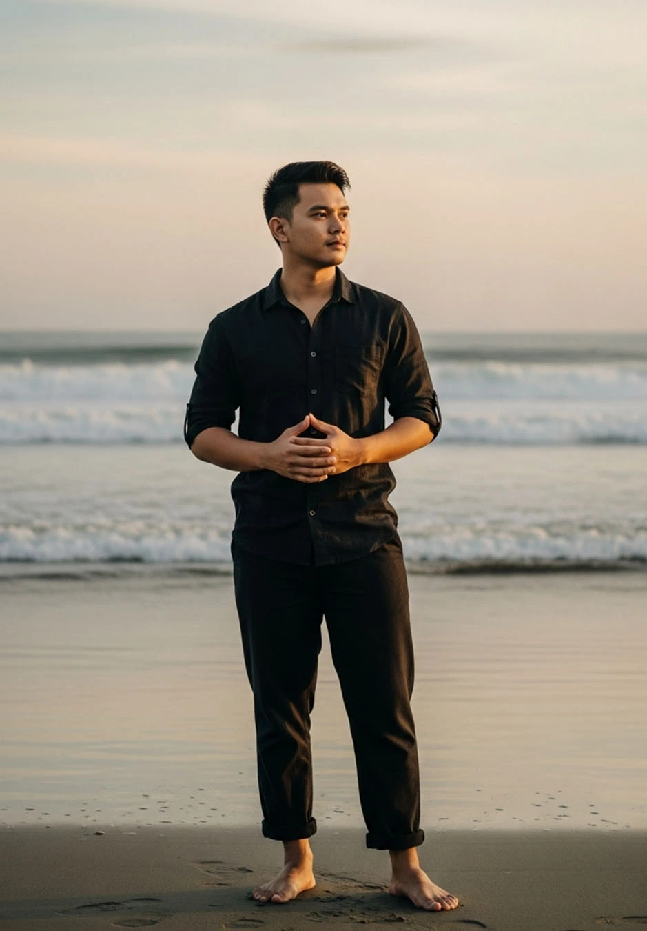 Foto Putra, calon mempelai pria, tersenyum.